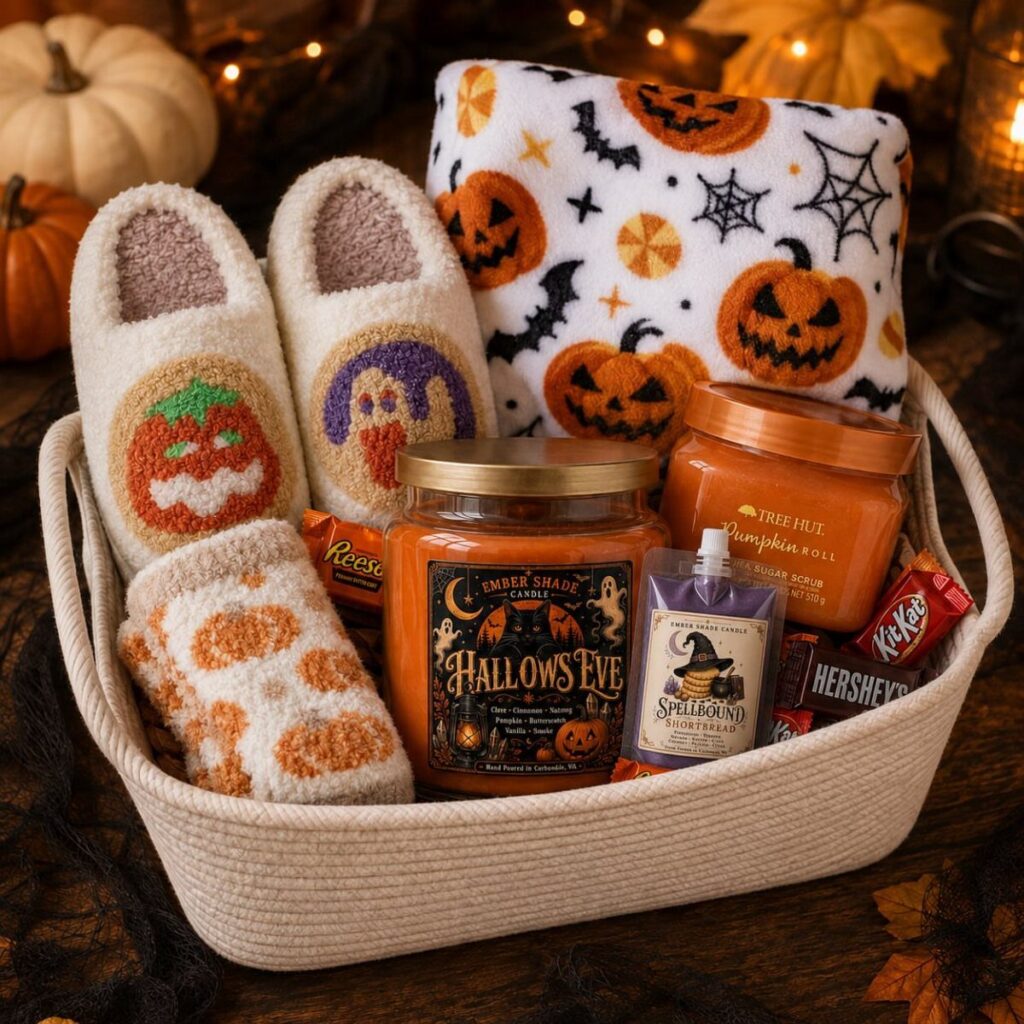 Halloween gift basket containing fuzzy slippers, a pumpkin blanket, candles, and chocolate treats.