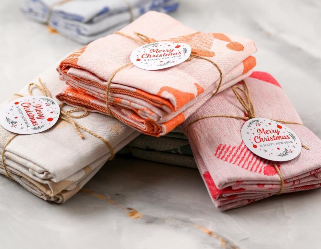 Folded Christmas kitchen towels tied with twine and festive Merry Christmas gift tags.