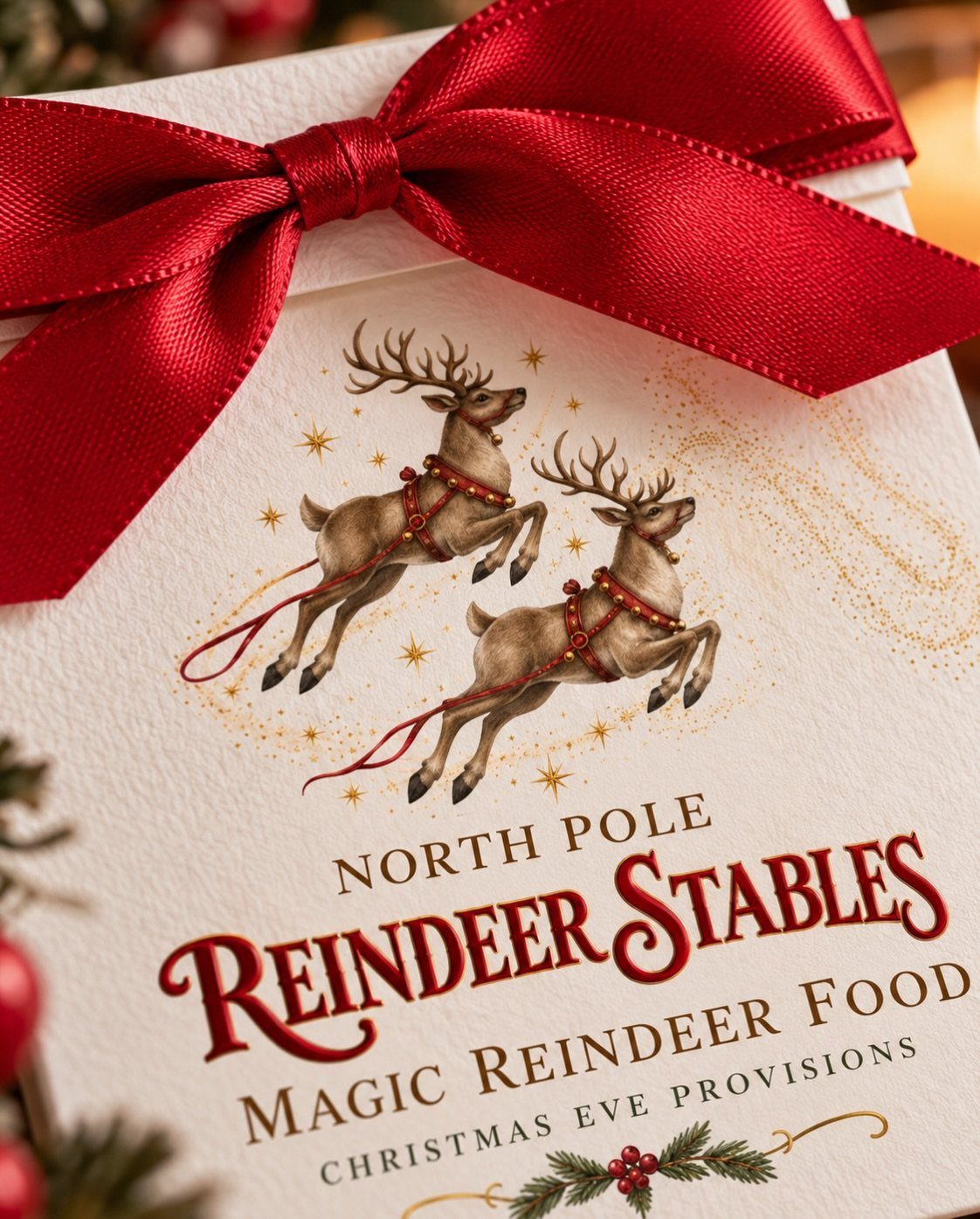 White box with red bow and reindeer illustration for magic reindeer food.