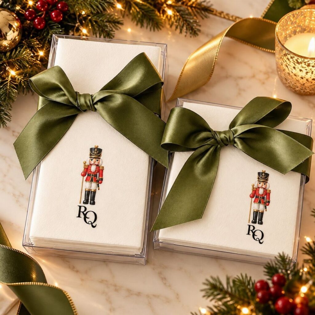 Two white gift sets with nutcracker designs and green bows on marble surface