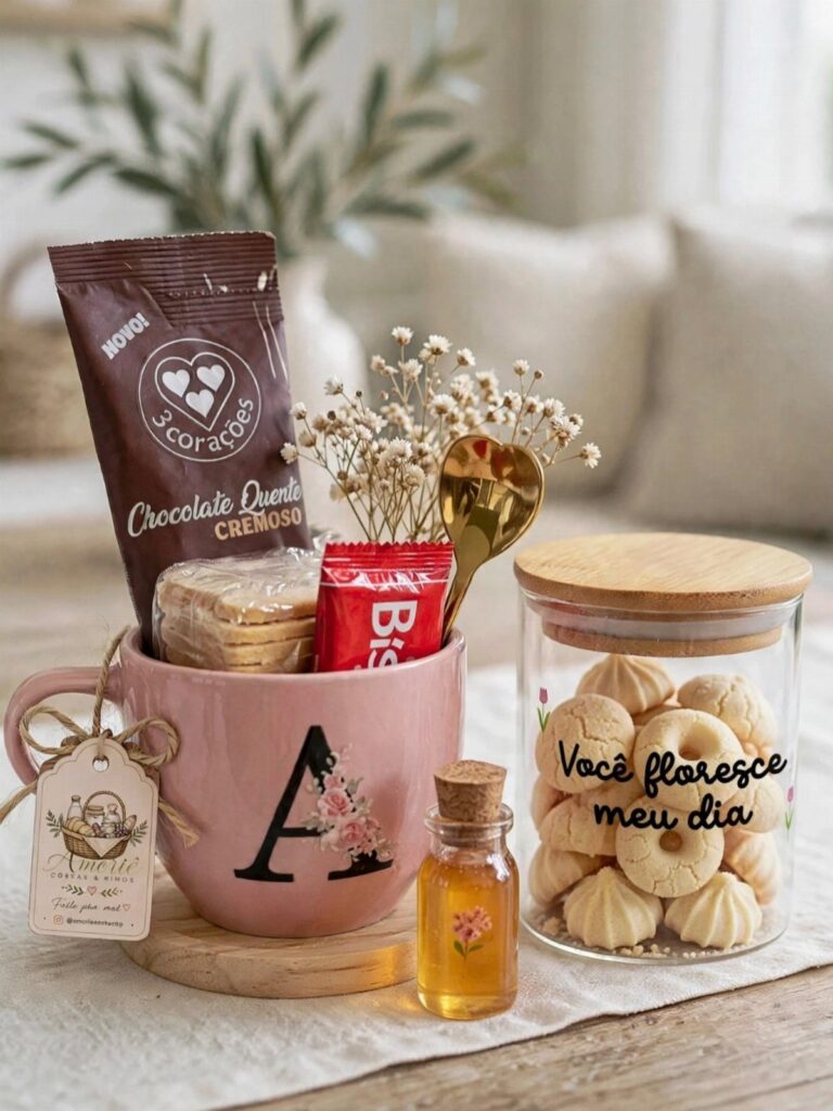 Pink mug gift set with hot chocolate, cookies, and small white flowers.