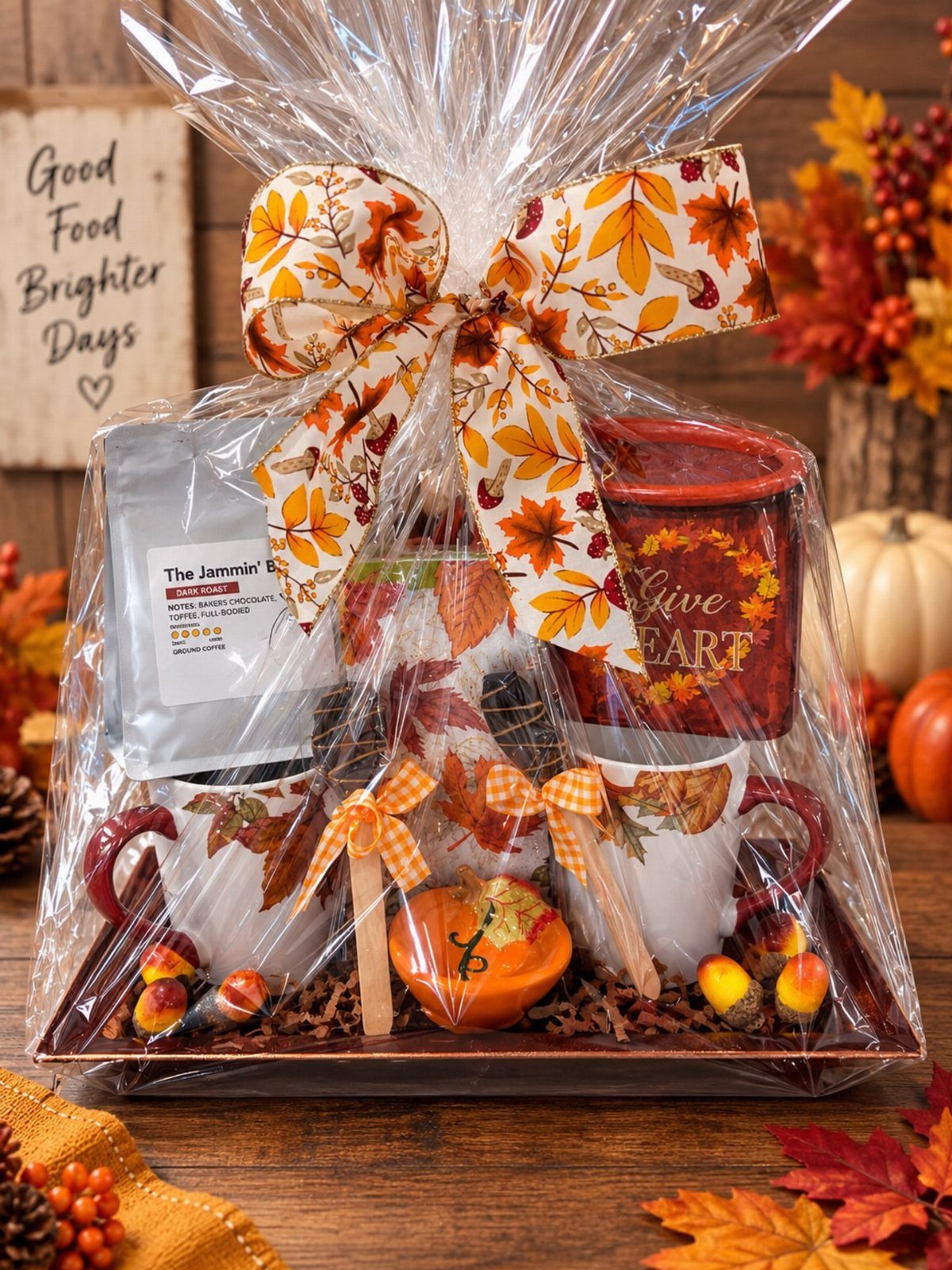 Autumn-themed food gift basket with mugs, snacks, and a leaf-patterned bow.