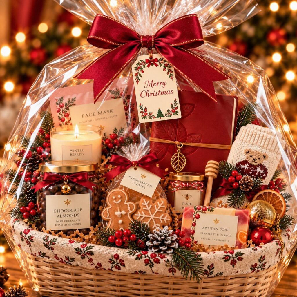 Christmas gift basket with treats, skincare, and a knit hat wrapped in cellophane.