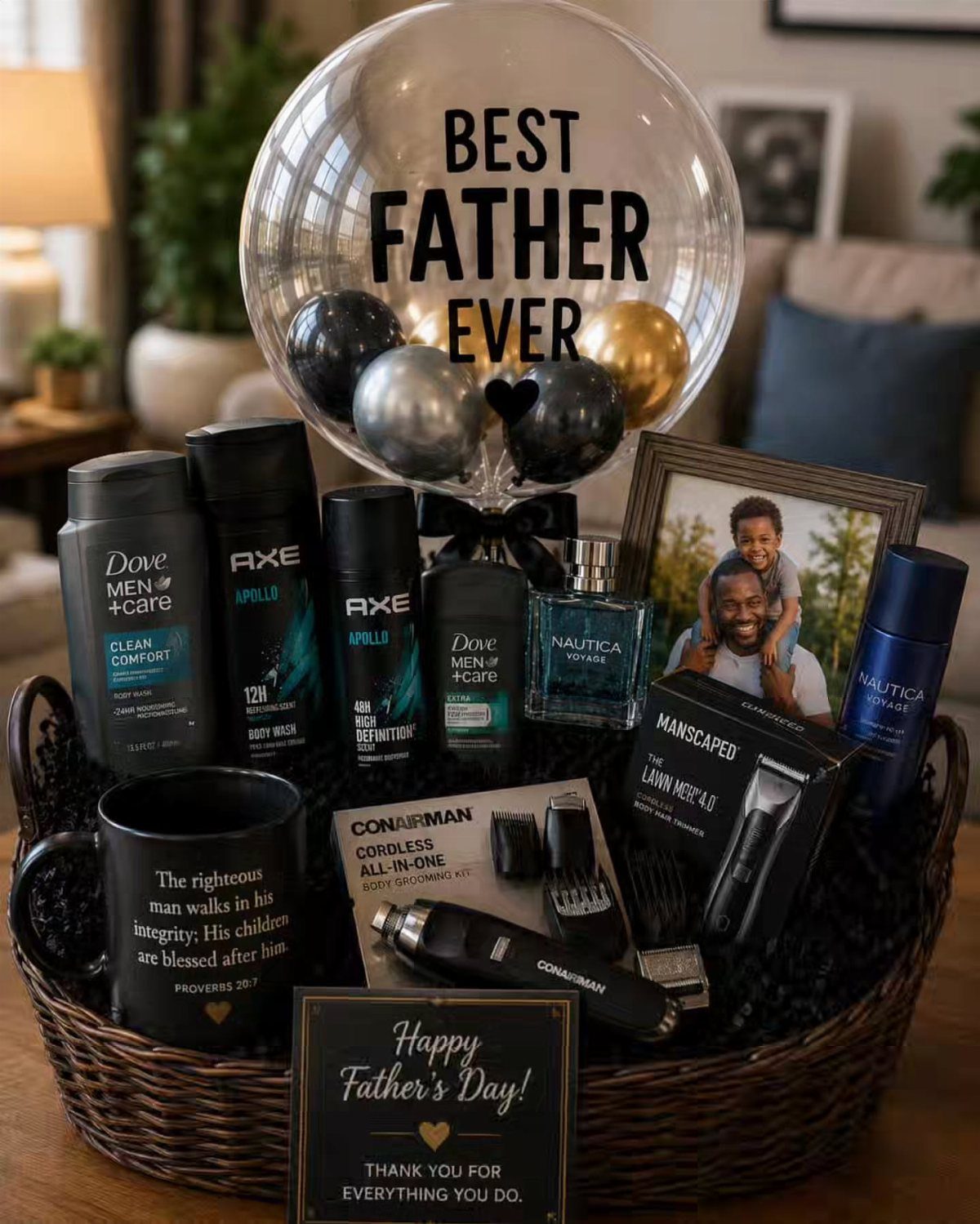 Wicker gift basket with grooming products, a black mug, and a Father's Day balloon.