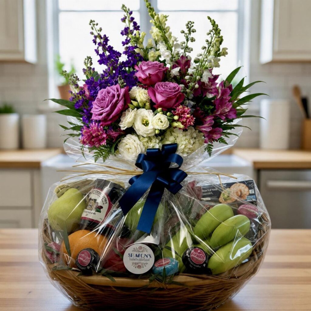 Wicker gift basket with a colorful flower bouquet and fresh tropical fruits.