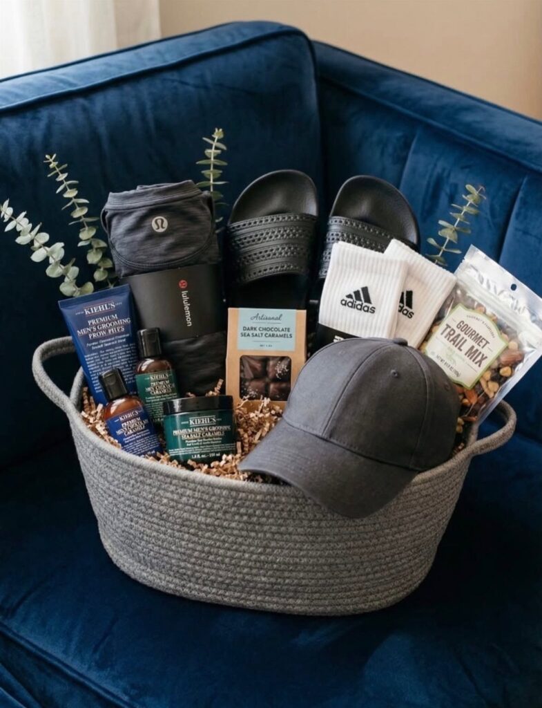 Grey woven gift basket with grooming products, apparel, and snacks on blue sofa