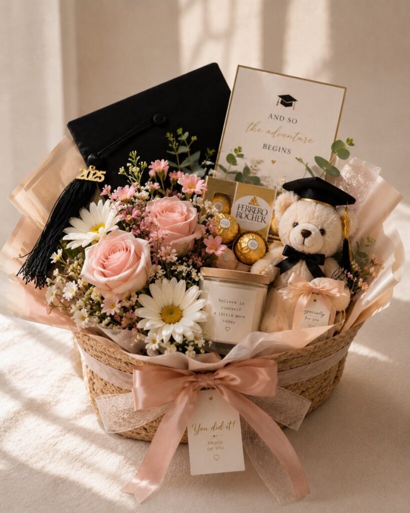 Graduation gift basket with pink roses, a teddy bear, and a graduation cap.