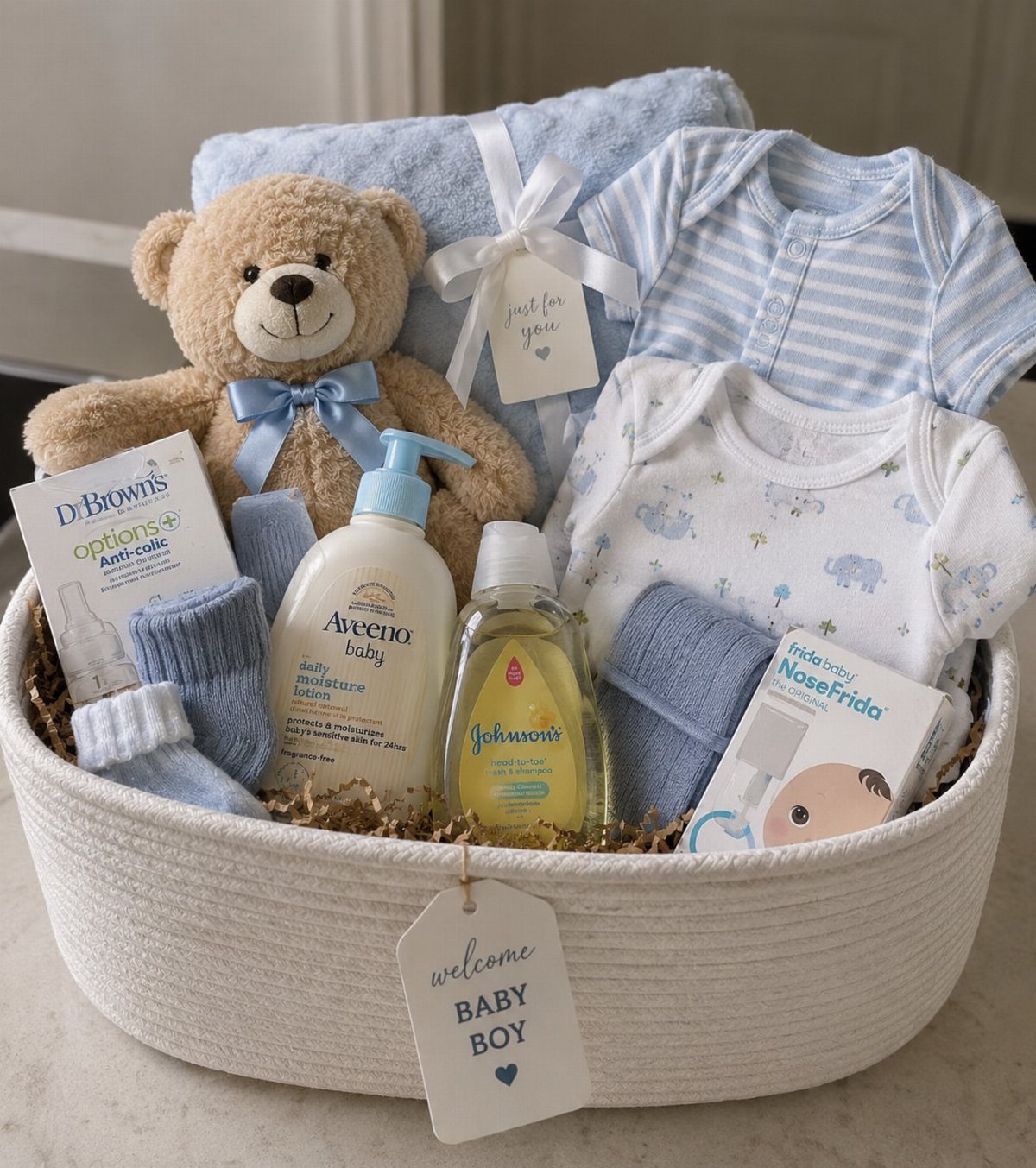 White woven gift basket containing baby clothes, toiletries, and a teddy bear for a boy.