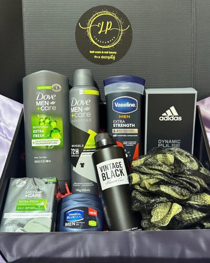 Men's self care gift basket with grooming products and camouflage cloth in black box